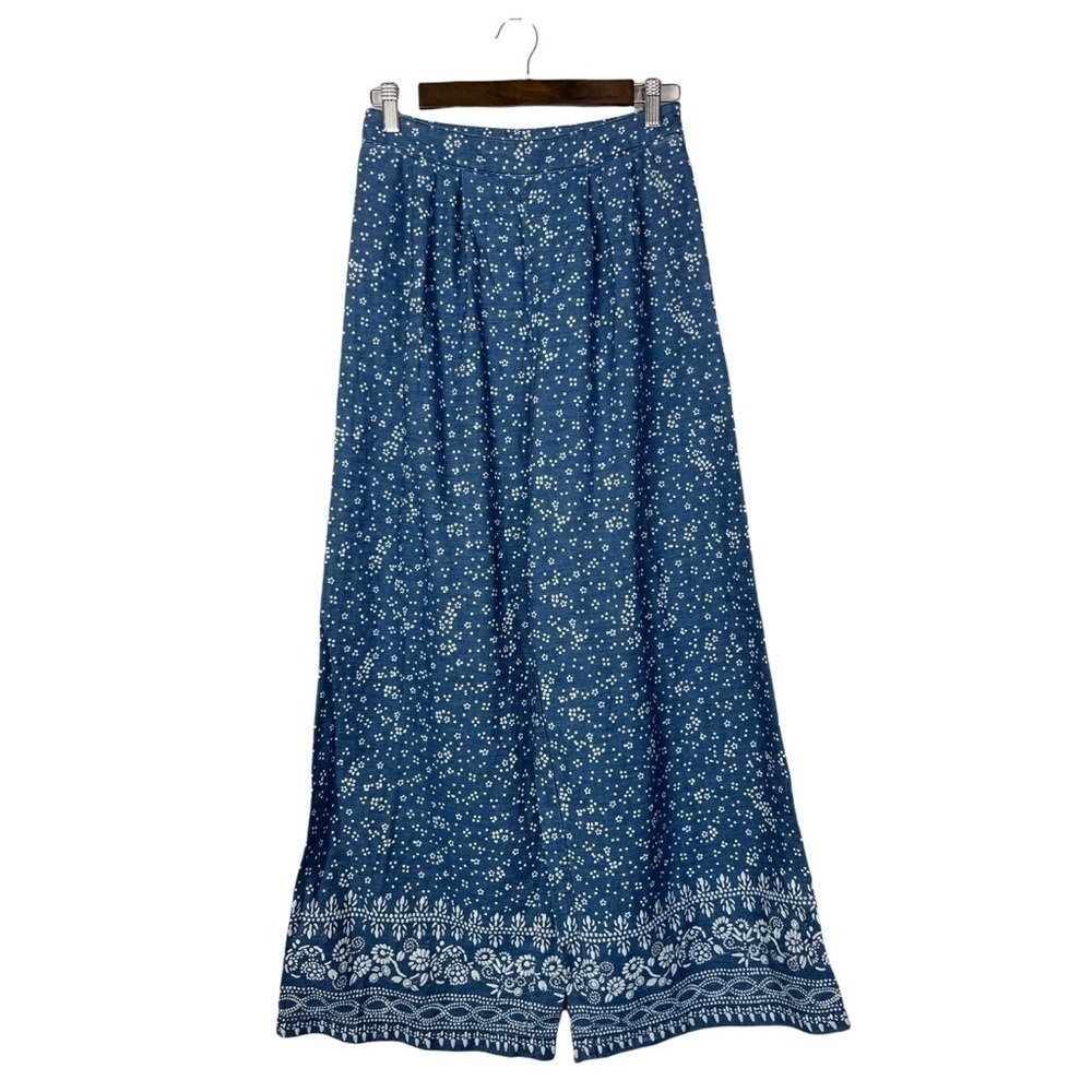 NEW Free People Blue & White Dot & Floral Printed‎ Wide Leg High Rise Jean Pants